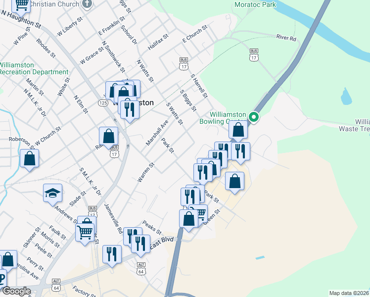 map of restaurants, bars, coffee shops, grocery stores, and more near 103-109 Williams Street in Williamston