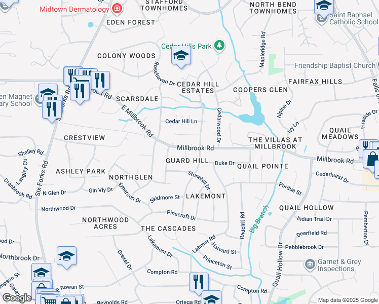 map of restaurants, bars, coffee shops, grocery stores, and more near 4920 Great Meadows Ct in Raleigh
