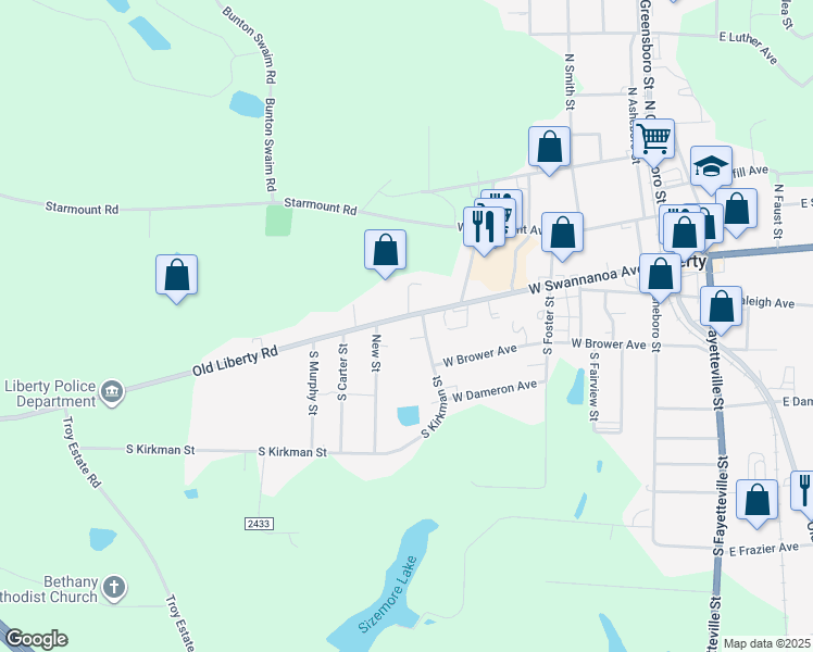 map of restaurants, bars, coffee shops, grocery stores, and more near 613 West Swannanoa Avenue in Liberty