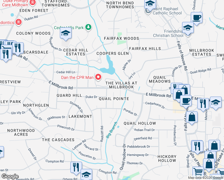 map of restaurants, bars, coffee shops, grocery stores, and more near 707 East Millbrook Road in Raleigh