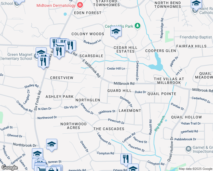 map of restaurants, bars, coffee shops, grocery stores, and more near 5320 Edgewood Road in Raleigh