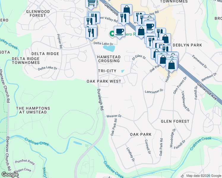 map of restaurants, bars, coffee shops, grocery stores, and more near 5438 Sharpe Drive in Raleigh
