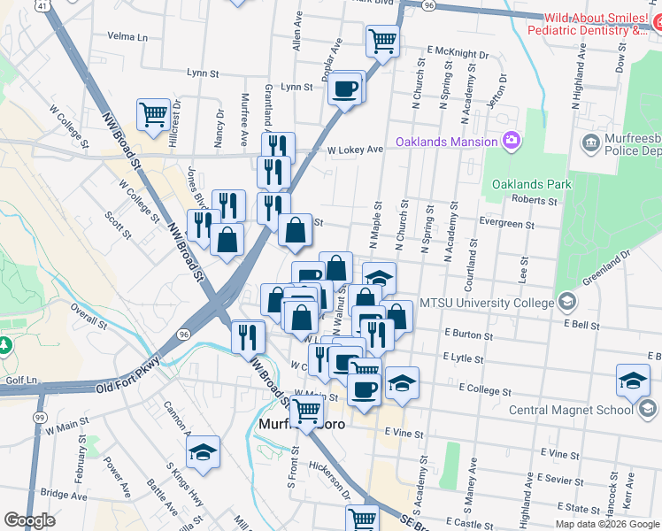 map of restaurants, bars, coffee shops, grocery stores, and more near 515 North Walnut Street in Murfreesboro