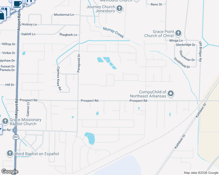 map of restaurants, bars, coffee shops, grocery stores, and more near 4908 Prospect Road in Jonesboro
