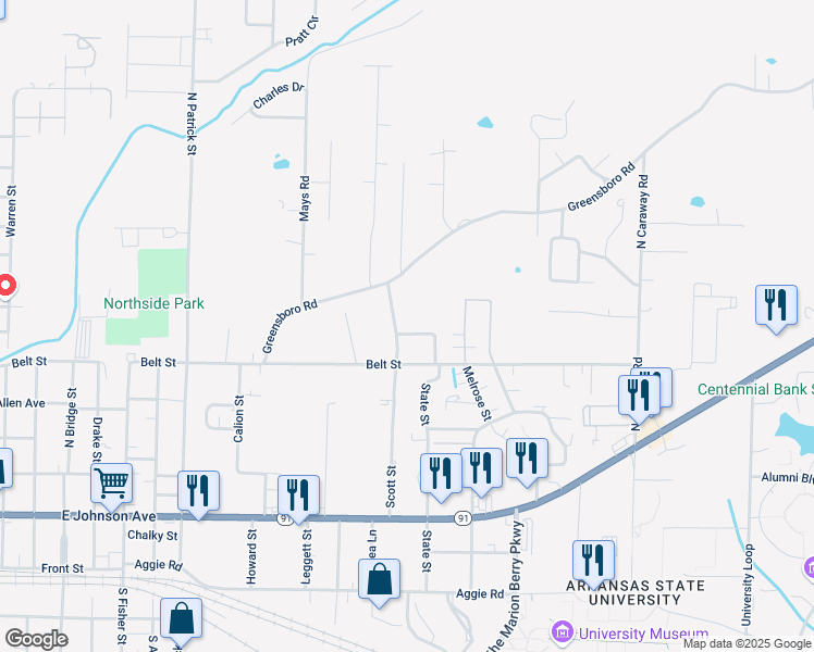 map of restaurants, bars, coffee shops, grocery stores, and more near 1708 Pineview Street in Jonesboro