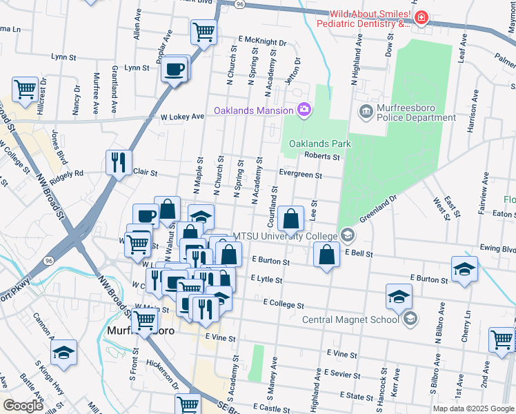 map of restaurants, bars, coffee shops, grocery stores, and more near 606 North Academy Street in Murfreesboro