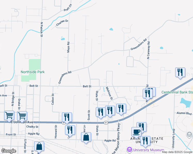 map of restaurants, bars, coffee shops, grocery stores, and more near 1708 Pineview Street in Jonesboro