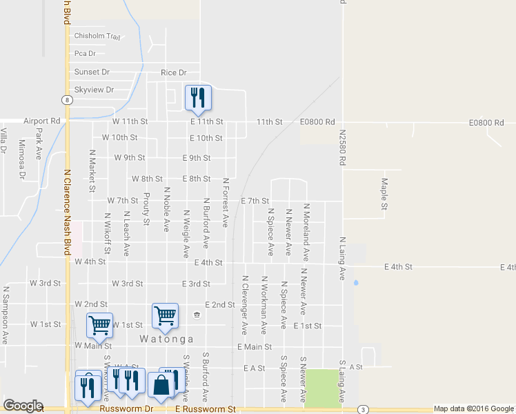 map of restaurants, bars, coffee shops, grocery stores, and more near 718 North Workman Avenue in Watonga