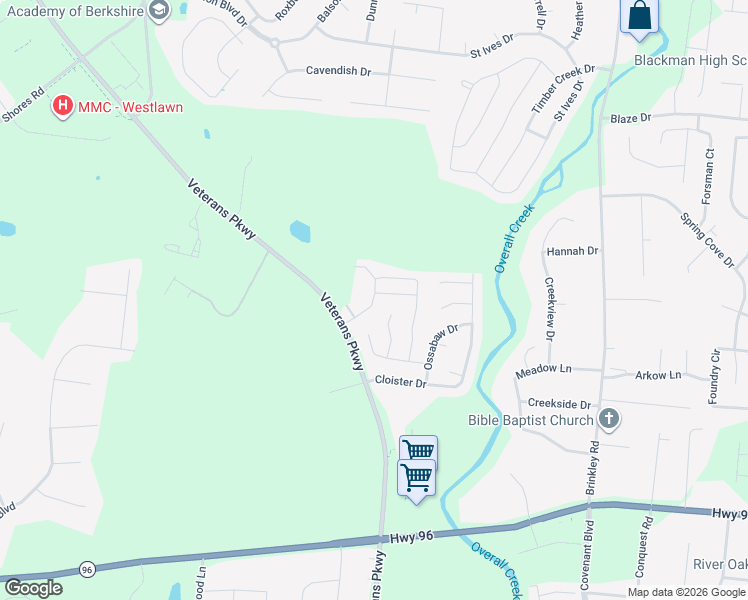 map of restaurants, bars, coffee shops, grocery stores, and more near Perlou Lane in Murfreesboro