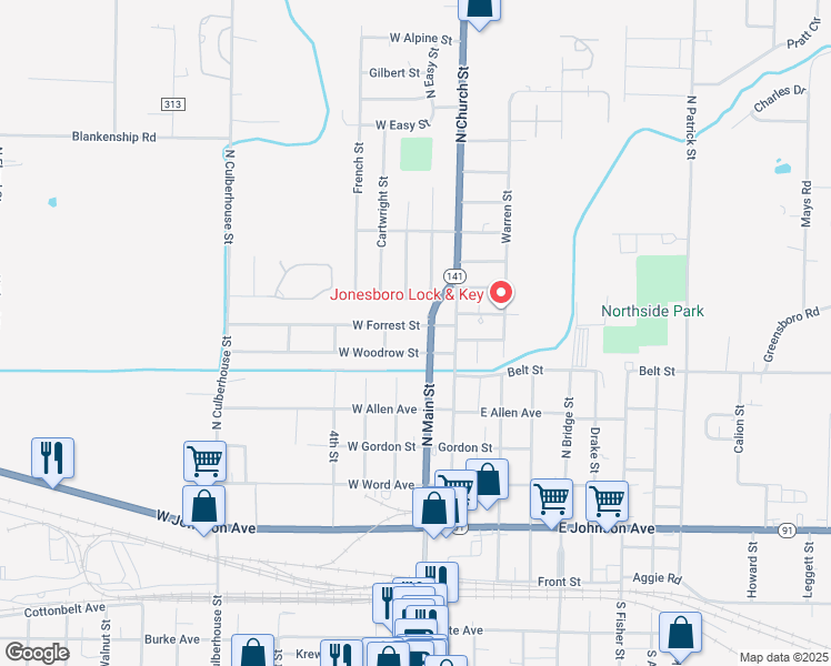 map of restaurants, bars, coffee shops, grocery stores, and more near 107 W Forrest St in Jonesboro