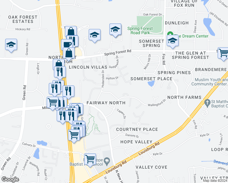 map of restaurants, bars, coffee shops, grocery stores, and more near 4932 Pebble Beach Drive in Raleigh