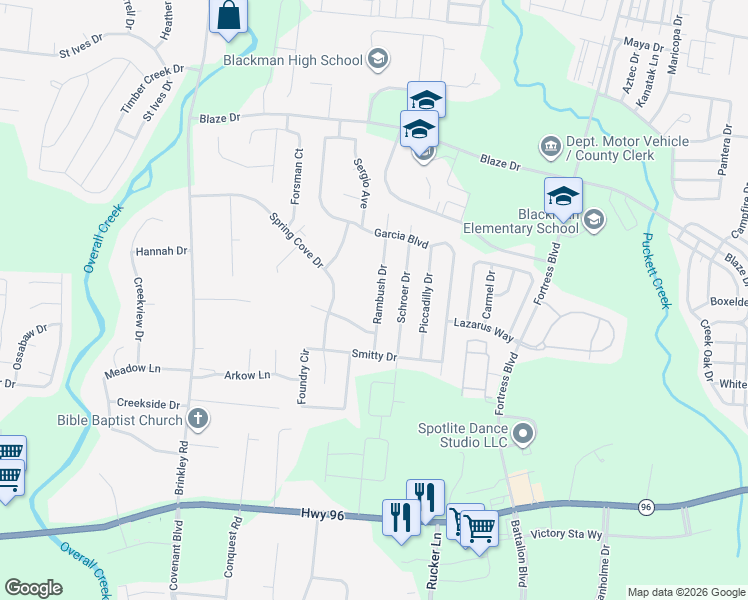 map of restaurants, bars, coffee shops, grocery stores, and more near 617 Rambush Drive in Murfreesboro