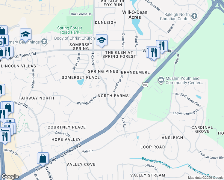 map of restaurants, bars, coffee shops, grocery stores, and more near 5309 Round Hill Lane in Raleigh