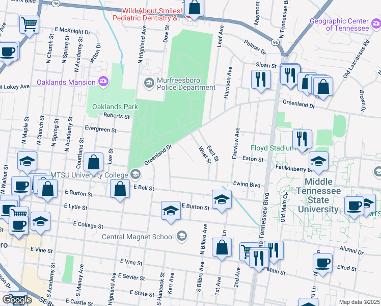 map of restaurants, bars, coffee shops, grocery stores, and more near 722 Givan Court in Murfreesboro