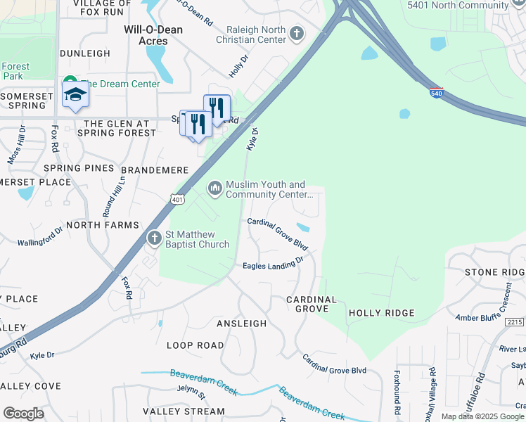 map of restaurants, bars, coffee shops, grocery stores, and more near 5205 Mallard Grove Drive in Raleigh