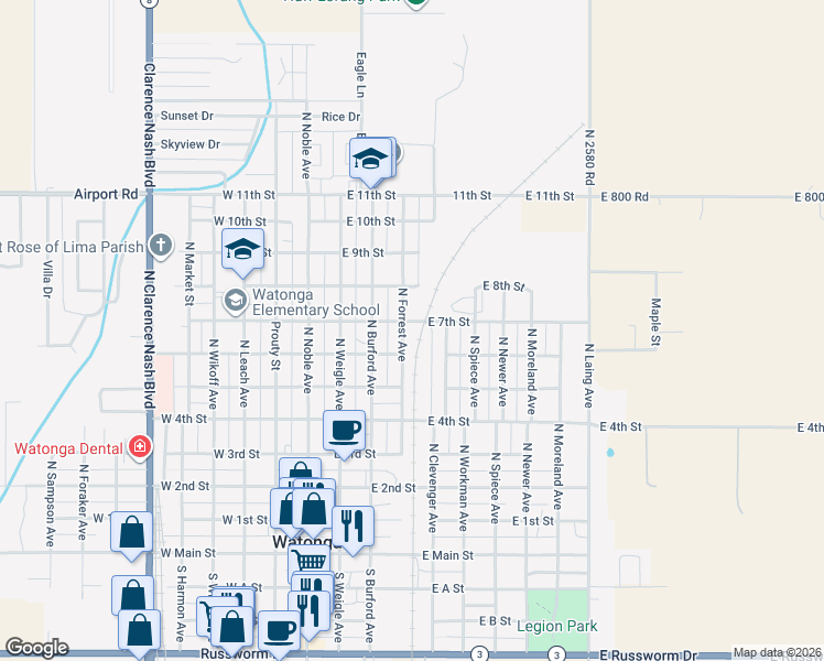 map of restaurants, bars, coffee shops, grocery stores, and more near 720 North Forrest Avenue in Watonga