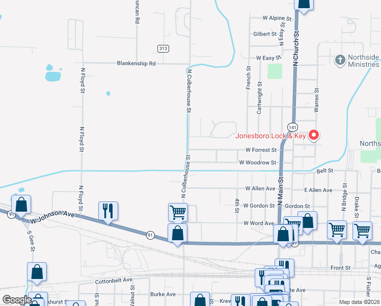 map of restaurants, bars, coffee shops, grocery stores, and more near 525 West Forrest Street in Jonesboro