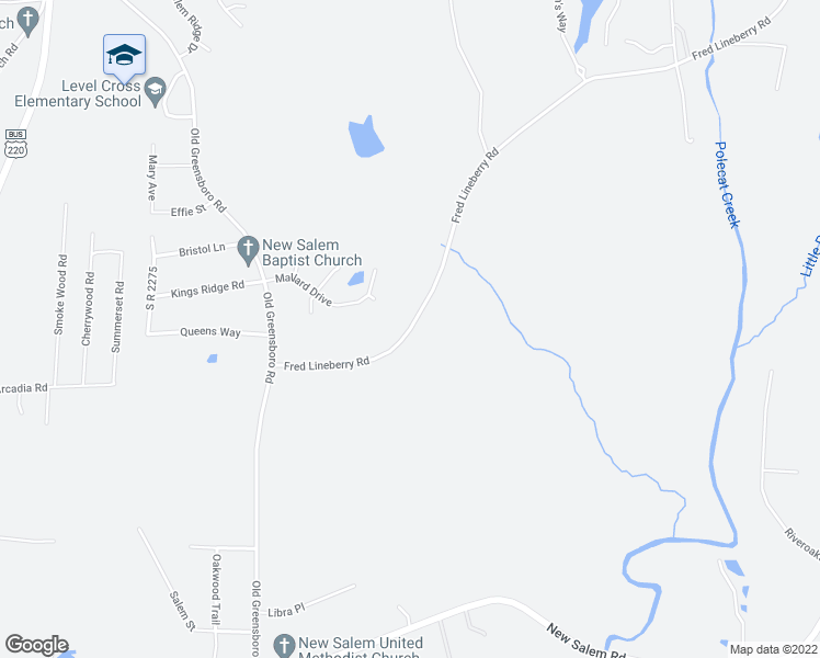 map of restaurants, bars, coffee shops, grocery stores, and more near Fred Lineberry Road in Randleman