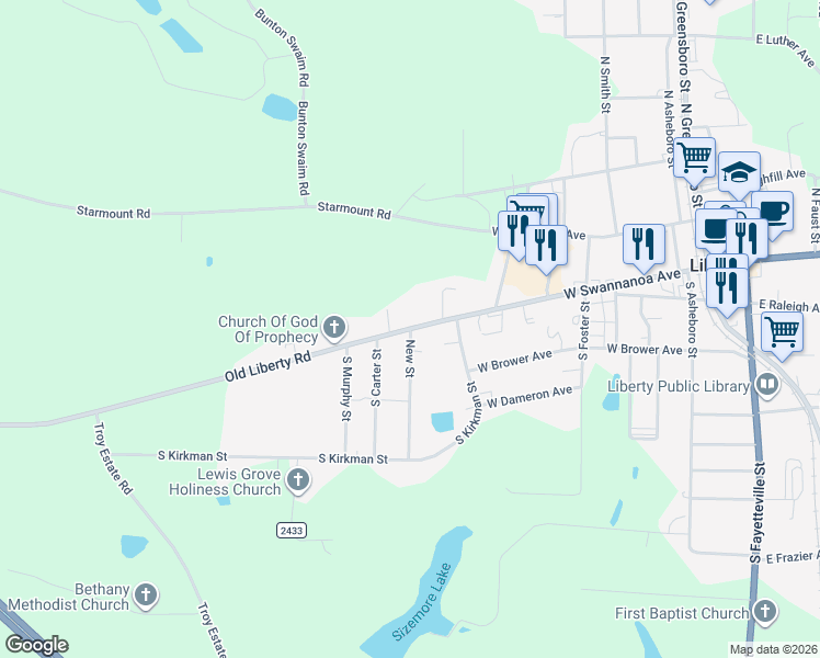 map of restaurants, bars, coffee shops, grocery stores, and more near 706 West Swannanoa Avenue in Liberty