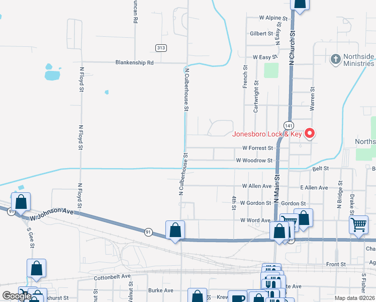 map of restaurants, bars, coffee shops, grocery stores, and more near 525 West Forrest Street in Jonesboro