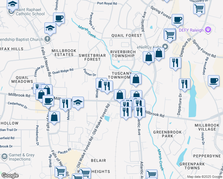map of restaurants, bars, coffee shops, grocery stores, and more near 1710 Tiffany Bay Court in Raleigh