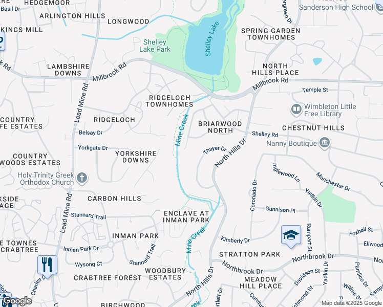 map of restaurants, bars, coffee shops, grocery stores, and more near 5408 Shadowbrook Drive in Raleigh