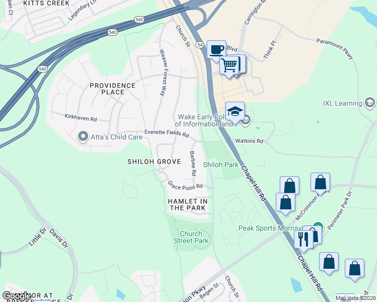 map of restaurants, bars, coffee shops, grocery stores, and more near 113 Barbee Road in Morrisville