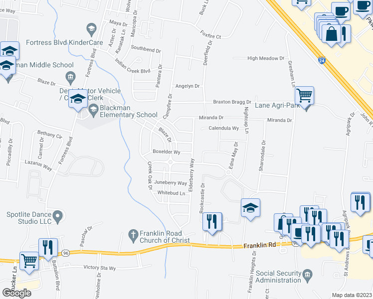 map of restaurants, bars, coffee shops, grocery stores, and more near 3412 Box Elder Way in Murfreesboro