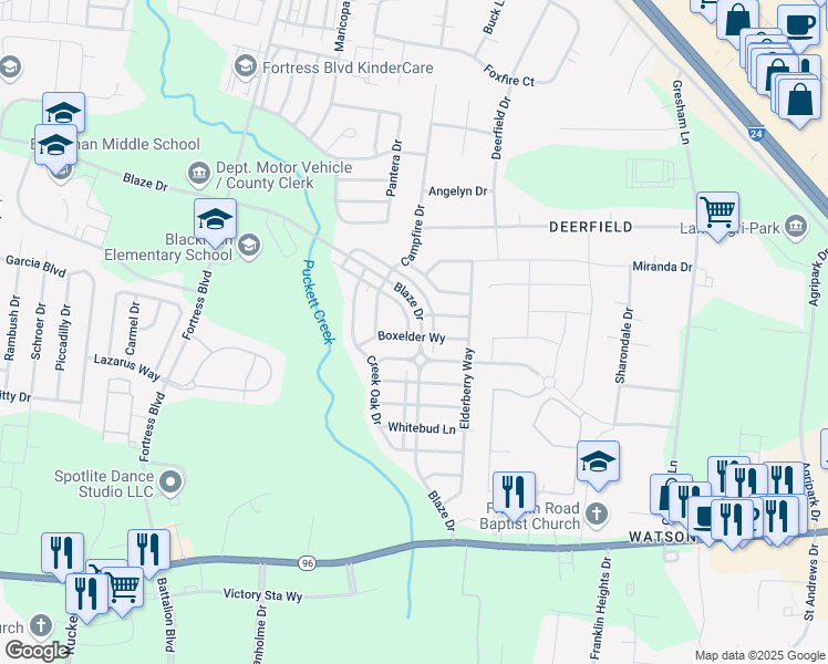 map of restaurants, bars, coffee shops, grocery stores, and more near 3607 Blaze Drive in Murfreesboro