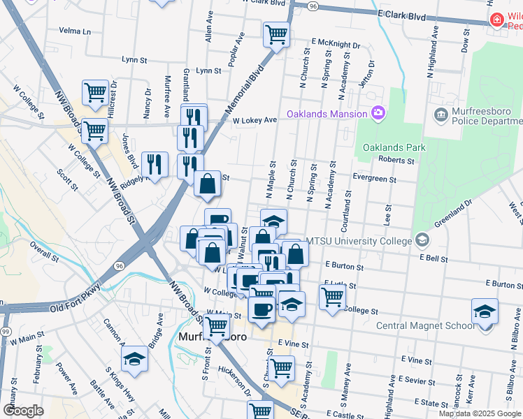 map of restaurants, bars, coffee shops, grocery stores, and more near 527 North Maple Street in Murfreesboro