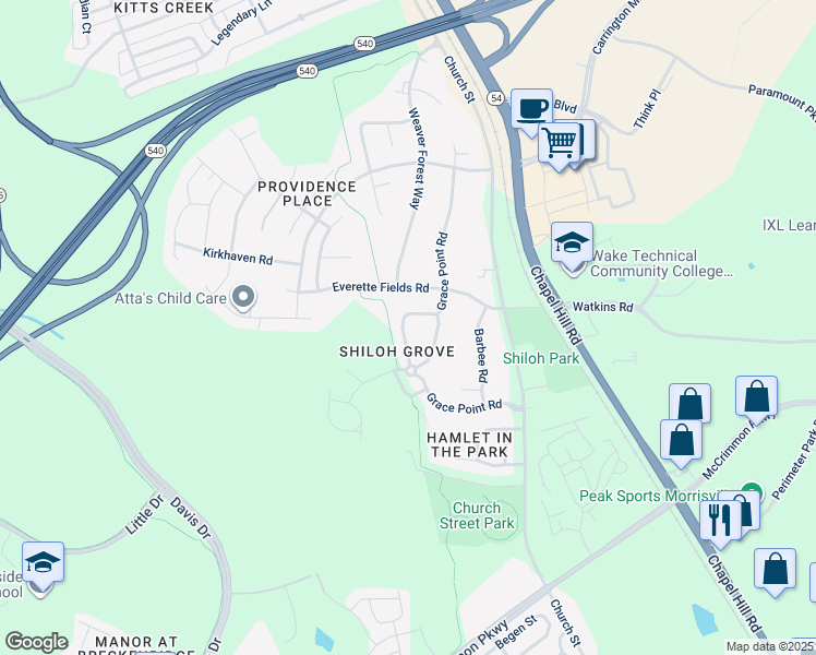map of restaurants, bars, coffee shops, grocery stores, and more near 1412 Grace Point Road in Morrisville