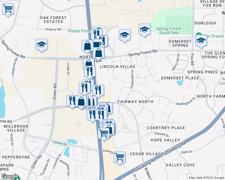 map of restaurants, bars, coffee shops, grocery stores, and more near 5048 North New Hope Road in Raleigh