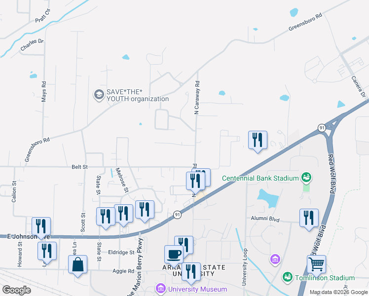 map of restaurants, bars, coffee shops, grocery stores, and more near 2021 Alex Drive in Jonesboro