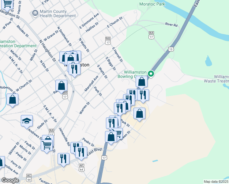 map of restaurants, bars, coffee shops, grocery stores, and more near 103 Williams Street in Williamston