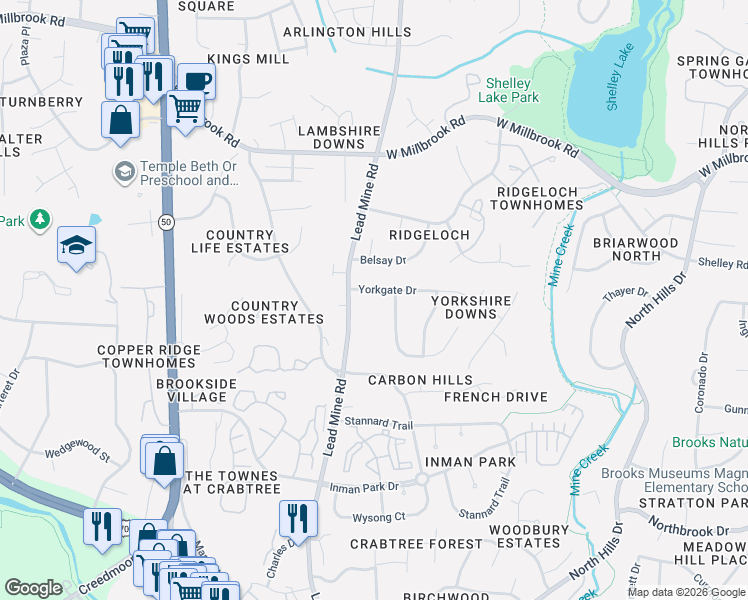 map of restaurants, bars, coffee shops, grocery stores, and more near 2211 Yorkgate Drive in Raleigh