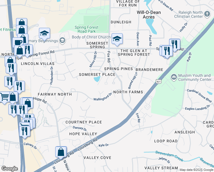 map of restaurants, bars, coffee shops, grocery stores, and more near 5300 Spring Pines Way in Raleigh