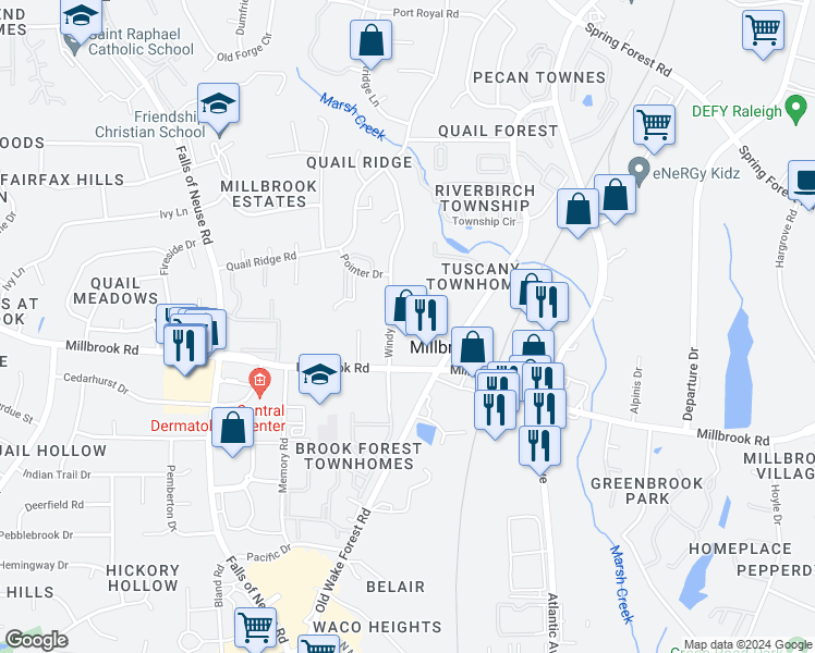 map of restaurants, bars, coffee shops, grocery stores, and more near 4950 Windy Hill Drive in Raleigh