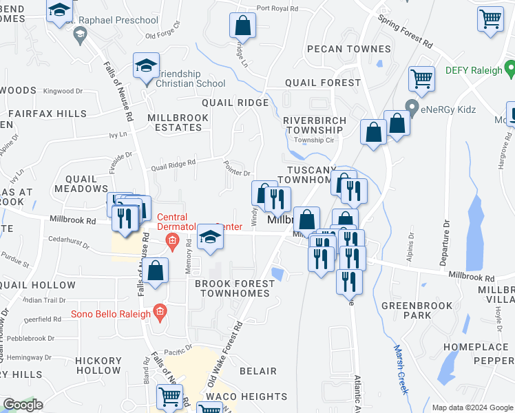map of restaurants, bars, coffee shops, grocery stores, and more near 4950 Windy Hill Drive in Raleigh