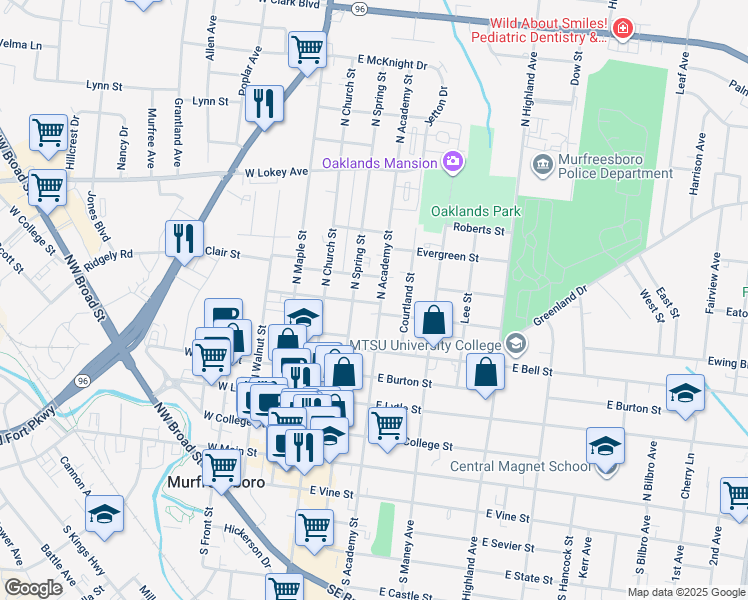 map of restaurants, bars, coffee shops, grocery stores, and more near 606 North Academy Street in Murfreesboro