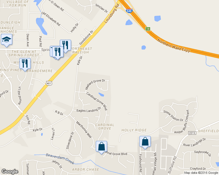 map of restaurants, bars, coffee shops, grocery stores, and more near 5516 Scenic Brook Lane in Raleigh