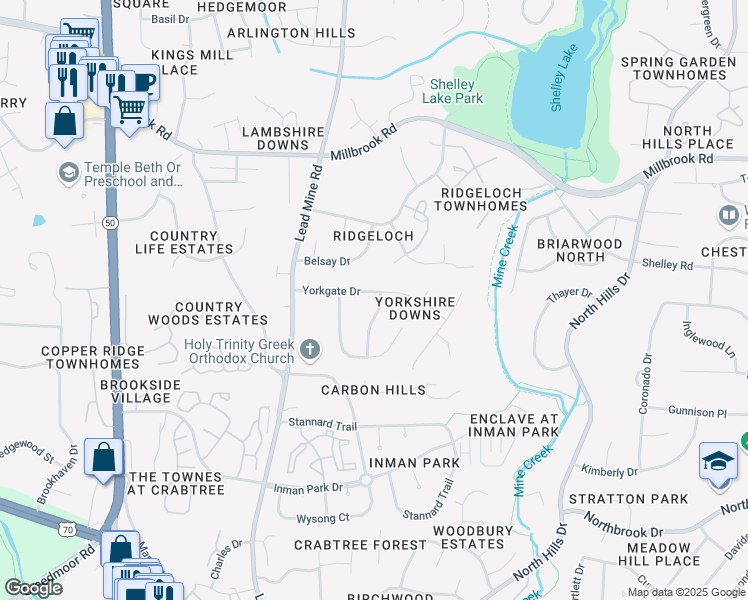 map of restaurants, bars, coffee shops, grocery stores, and more near 2101 Yorkgate Dr in Raleigh