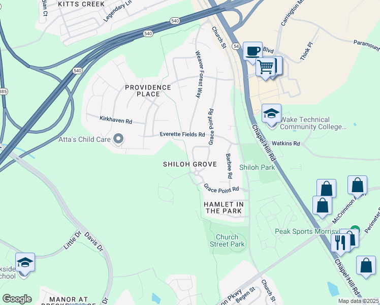map of restaurants, bars, coffee shops, grocery stores, and more near 1507 Grace Point Road in Morrisville