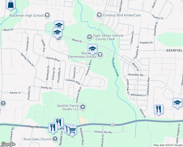map of restaurants, bars, coffee shops, grocery stores, and more near 490 Fortress Boulevard in Murfreesboro