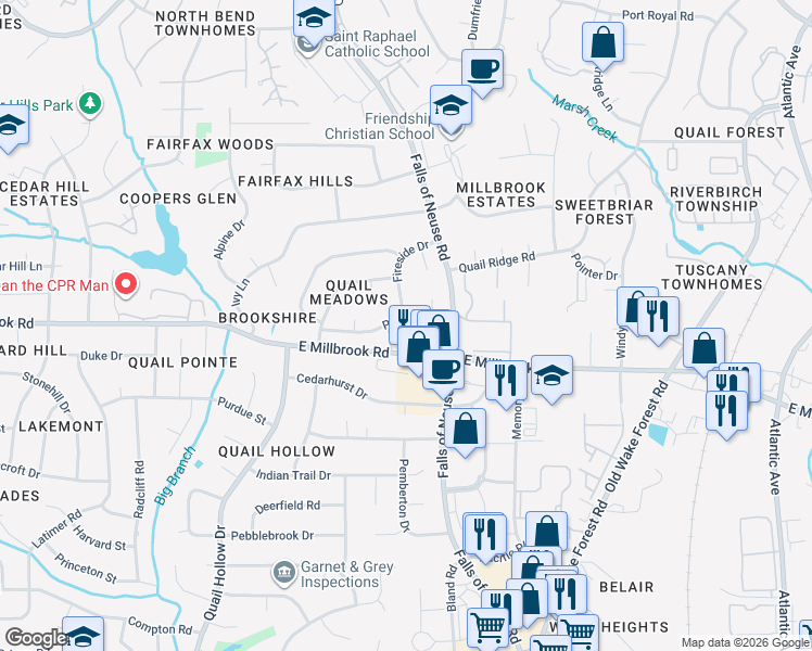 map of restaurants, bars, coffee shops, grocery stores, and more near 1206 Paddock Drive in Raleigh
