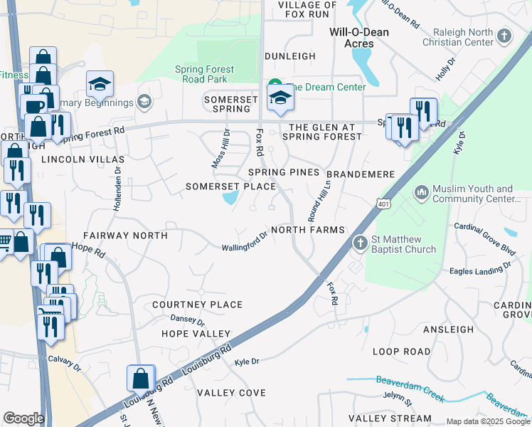 map of restaurants, bars, coffee shops, grocery stores, and more near 5305 Wenesly Court in Raleigh