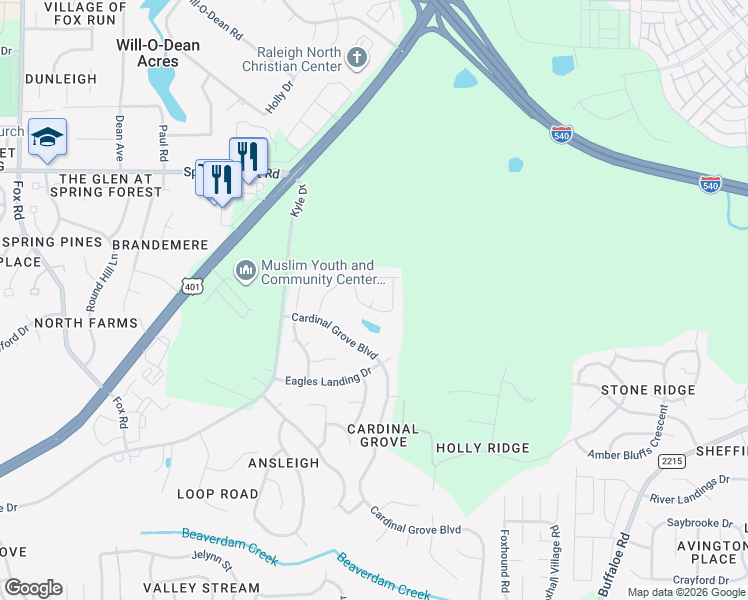 map of restaurants, bars, coffee shops, grocery stores, and more near Water Walk Lane in Raleigh