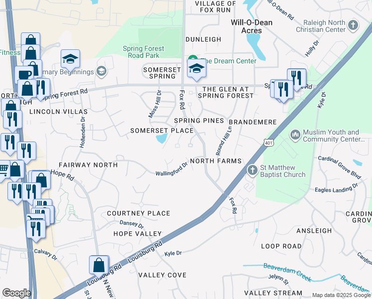 map of restaurants, bars, coffee shops, grocery stores, and more near 5305 Wenesly Court in Raleigh
