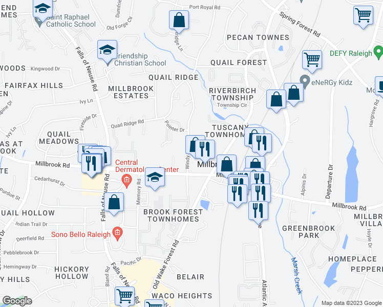 map of restaurants, bars, coffee shops, grocery stores, and more near 4950 Windy Hill Drive in Raleigh