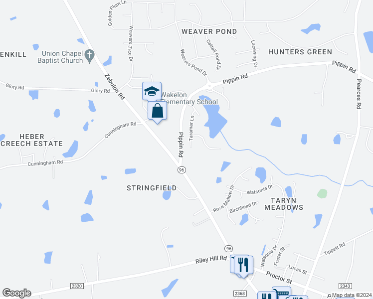 map of restaurants, bars, coffee shops, grocery stores, and more near 2112 Taramar Lane in Zebulon