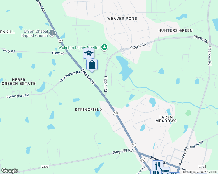 map of restaurants, bars, coffee shops, grocery stores, and more near 2112 Taramar Lane in Zebulon